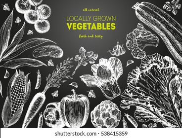 Vegetables top view frame. Farmers market menu design. Organic food poster.