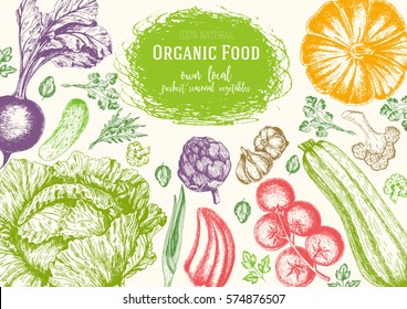 Vegetables top view frame. Farmers market menu design. Organic food poster. Vintage hand drawn sketch vector illustration. Linear graphic