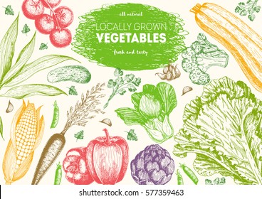 Vegetables top view frame. Farmers market menu design. Organic food poster. Vintage hand drawn sketch vector illustration. Linear graphic.