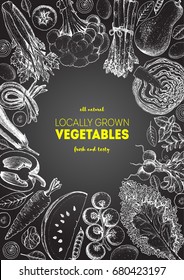 Vegetables top view frame. Farmers market menu design. Organic food poster. Vintage hand drawn sketch vector illustration. Vegetarian food. Linear graphic.