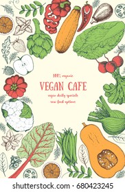 Vegetables top view frame. Farmers market menu design. Organic food poster. Vintage hand drawn sketch vector illustration. Vegetarian food. Linear graphic.
