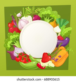 Vegetables top view frame. Farmers market menu design. Organic food poster. Cartoon style vector illustration.