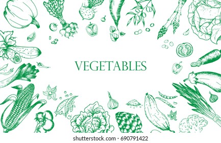 Vegetables top view frame. Farmers market menu design. Organic food poster. Vintage hand drawn sketch vector illustration. Linear graphic.