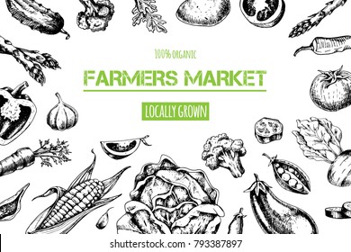 Vegetables top view frame. Farmers market menu design. Organic food poster. Vintage hand drawn sketch vector illustration. Linear graphic.