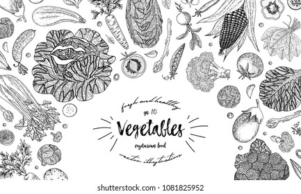 Vegetables top view frame. Ink hand drawn vector illustration. Farmers market menu design template. Organic vegetables food poster. Vintage hand drawn sketch vector illustration. Engraved style