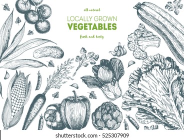 Vegetables top view frame with lettuce, pepper, corn, tomato, zucchini, carrot, artichoke, garlic, peas. Farmers market menu design. Organic food poster. Vintage hand drawn sketch vector illustration