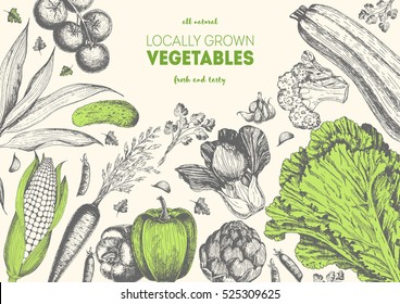 Vegetables top view frame with lettuce, pepper, corn, tomato, zucchini, carrot, artichoke, garlic, peas. Farmers market menu design. Organic food poster. Vintage hand drawn sketch vector illustration