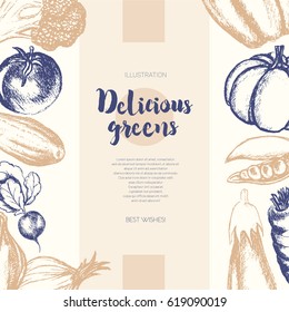 Vegetables - two color vector hand drawn composite banner with copyspace. Realistic broccoli, pumpkin, radish, onion, tomato, eggplant, pepper, cucumber, carrot, pea.