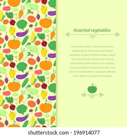 Vegetables vector background with great abundance of bright colorful vegetables, with place for text