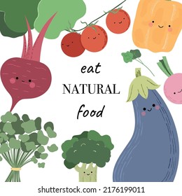 Tarjeta vectorial de verduras en un estilo bonito sobre fondo blanco. Ilustración vectorial de dibujos animados. Verduras aisladas. 