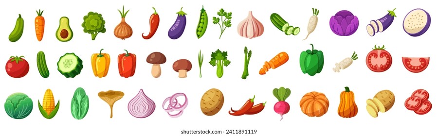 Vegetables vector cartoon icon set corn, avocado, eggplant, broccoli, carrots, lettuce, tomato