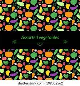 Vegetables vector dark background with great abundance of bright colorful vegetables, with place for text