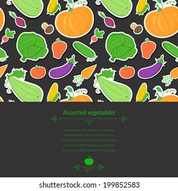 Vegetables vector dark background with great abundance of bright colorful vegetables, with place for text