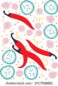 Vegetables vector flat abstract style. Ornament for kitchen textile. Ingredients for cooking shape. Cartoon abstract organic autumn harvest. Healthy food motivation poster.