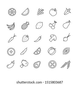 Vegetables vector flat icons isolated on white background. Outline food icons. Black and white healthy food labels. Organic signs.