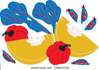 Vegetables vector flat modern style. For advertise the farmers market. Red peppers, greens, pumpkin, peas. Organic vegetables vector banner illustration. Still life flat style vector