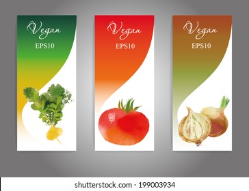 Vegetables vector flyer set. Watercolor onion, turnip, tomato