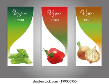 Vegetables vector flyer set. Watercolor onion, paprika, cucumber