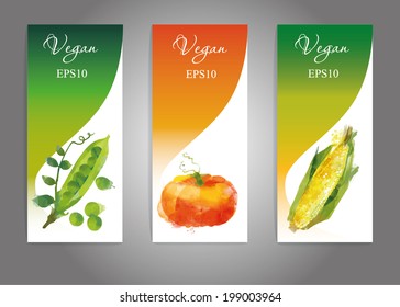 Vegetables vector flyer set. Watercolor pumpkin, peas, corn