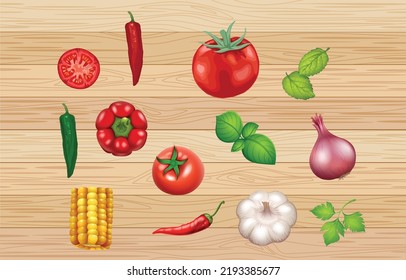 Vegetables. Vector food illustration: tomatoes, chilies, corn, sills, garlic, bell peppers, bay leaves, onions and rosemary