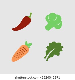 Conjunto de iconos de Vector de verduras. Pimienta, brócoli, zanahorias, lechuga