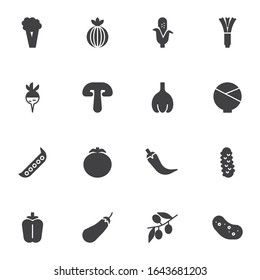 Vegetables vector icons set, modern solid symbol collection, filled style pictogram pack. Signs, logo illustration. Set includes icons as onion, corn, asparagus, cabbage, mushroom, radish, potato