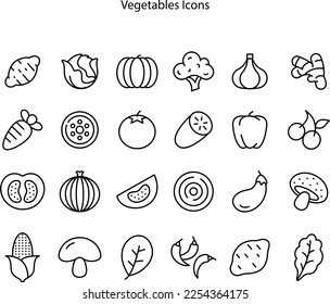 Vegetables vector icons set on white background, filled style pictogram pack. Signs, logo illustration. Set includes icons as broccoli, potato, carrot, tomato, avocado, garlic, aubergine