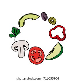 Vegetables vector illustration. Avocado, mushrooms, tomato, cucumber, olives, parsley, pepper. For menu. Healthy food. Doodle style. Design icon, print, logo, poster, symbol, decor, textile