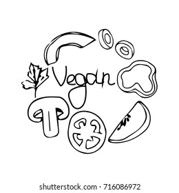 Vegetables vector illustration. Avocado, mushrooms, tomato, cucumber, olives, parsley, pepper. For menu. Healthy food. Doodle style. Design icon, print, logo, poster, symbol, decor, textile, paper