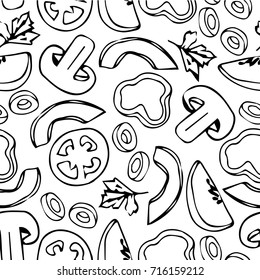 Vegetables vector illustration. Avocado, mushrooms, tomato, cucumber, olives, parsley, pepper. For menu. Healthy food. Doodle style. Design icon, print, logo, poster, symbol, decor, textile, paper