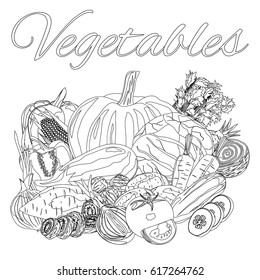 Vegetables. Vector illustration. Black and White Pattern. Page for coloring book.