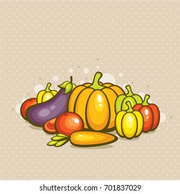 Vegetables vector illustration. Design for menu, for fruit juice packets and for fruit label. Tasty and healthy food.