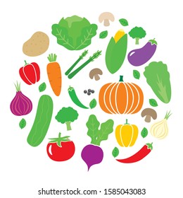 Vegetables vector illustration with flat colorful design in round isolated on white background. Fresh and organic vegetable vector 