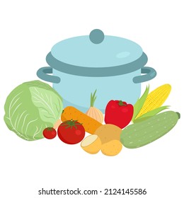 Vegetables vector illustration in flat style. Tomato, zucchini, onion, carrot, corn, pepper, potato, cabbage in front of the pan. Vegetarian healthy food