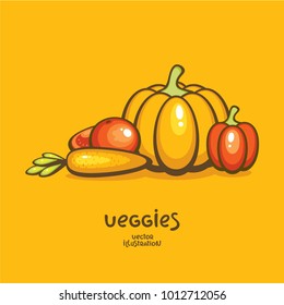 Vegetables vector illustration. Pumpkin, bell pepper, tomato and carrot. Fresh harvest. Healthy and vegan food.