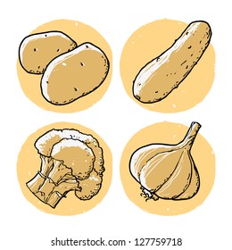Vegetables vector illustration set. Hand drawn duo tone sketch