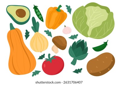 Vegetables vector illustration set including pumpkin, avocado, cabbage, onion, bell pepper, tomato, potato, mushroom, artichoke, zucchini, garlic, and green peas, perfect for farm market graphics.