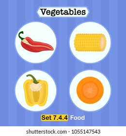Vegetables vector illustration, veggie  slices flat design concept with chili pepper, corn, bell pepper and carrot.