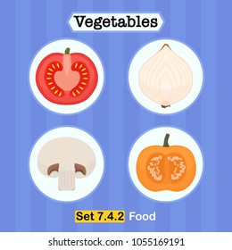 Vegetables vector illustration, veggie  slices flat design concept with tomato, onion, mushroom and pumpkin. 