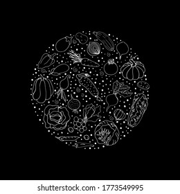  Vegetables. Vector isolated illustration with tomato, cucumber, beetroot.  Doodle style. Zucchini, cabbage, pumpkins, eggplant, onion, carrot, potato, radish, peas on a black background. 