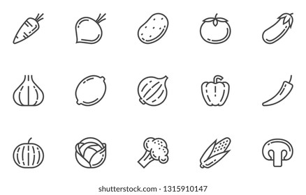 Vektorliniensymbole Set für Vegetables. Grüne, Vegies, Vegetarismus, gesundes Essen, Kochen.Bearbeitbarer Stroke. 48x48 Pixel perfekt.