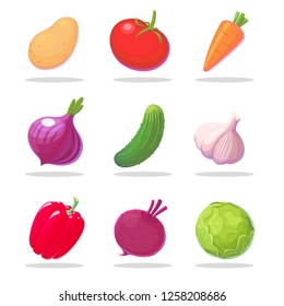 Vegetables vector on transparent backgroun: potato, tomato, carrot, onion, cucumber, garlic, red pepper, beet, cabbage.