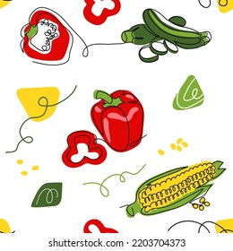 Vegetables vector pattern. One continuous line art drawing of vegetables pattern with paprika, corn, zucchini for kitchen or cafe decoration.