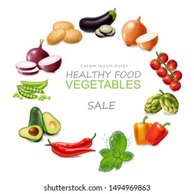 Vegetables Vector realistic. Eggplant, tomatoes and onions banner. Vegetarian dinner menu. Healthy food templates poster
