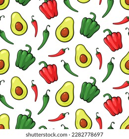 Vegetales vectoriales sin fisuras. Aguacate, paprika y chiles sobre fondo blanco. Mejor para textiles, papel pintado, decoración de casa, papel de envoltura, paquete y diseño web.