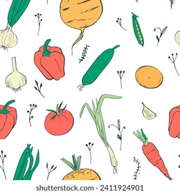 Vegetables vector seamless pattern. Hand drawn colored sketch peppers, tomatoes, onions, cucumbers, peas on white background. Food Harvest background, Vegetarian food, proper nutrition.