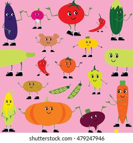 A lot of vegetables. Vector seamless pattern on a pink background.