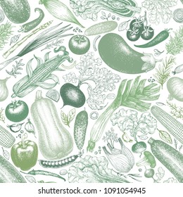 Vegetables vector seamless pattern. Retro engraved style background. Hand drawn illustration. Can be use for menu, packaging, farm market products.