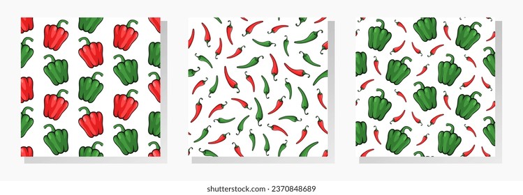 Vegetables vector seamless patterns collection. Red and green paprika and chilli peppers on white background.