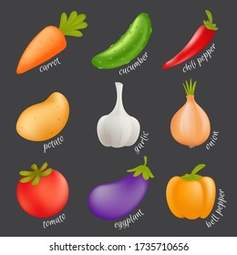 Conjunto vectorial de verduras. Caricatura concepto de comida saludable con verduras aisladas - zanahoria, pepino, paprika, papa, ajo, cebolla, tomate, berenjena, pimienta
